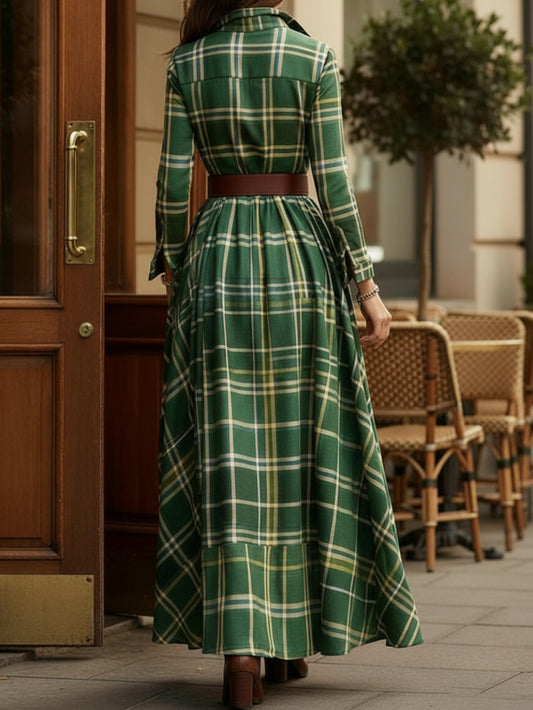 Dark Green Checkered Waist-Defining Shirt Dress for Women | Vintage British Casual Style, Suitable for Everyday Outings, Light Social Occasions, and Spring/Fall Seasons