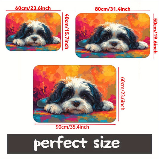 1pc Vibrant Shih Tzu Dog Print Door Mat - Non-Slip, Absorbent Microfiber Polyester Rug, Machine Washable for Bathroom, Bedroom, Living Room Entrance, Colorful Abstract Background, Pet Friendly Decor | Vibrant Design | PVC Bac