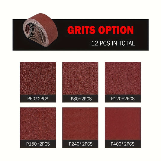12pcs Sanding Belt Set, 4x36 Inches, Aluminum Oxide Grit 60/80/120/150/240/400, High-Quality Sandpaper Strips with Nylon and Cloth Backing, Suitable for Portable Grinding Tools, All-Season Use. Christmas, Halloween Party Supp