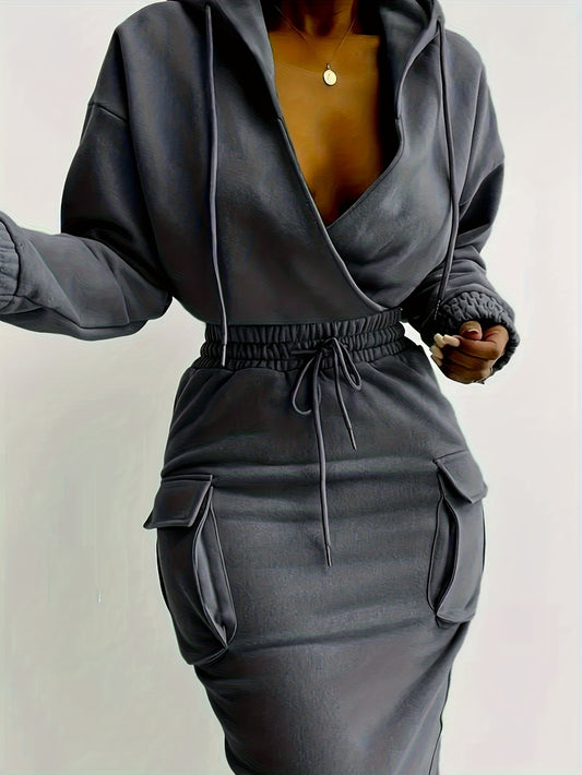 Women's Hooded Cross-Neck Waist-Cinched Cargo Dress with Utility Pockets - Fitted Midi Length Dress for Fall/Winter, Curve-Enhancing Outfits for Dates, Outings & Parties (Hand Washable Solid Color) | Elegant Workwear for wome