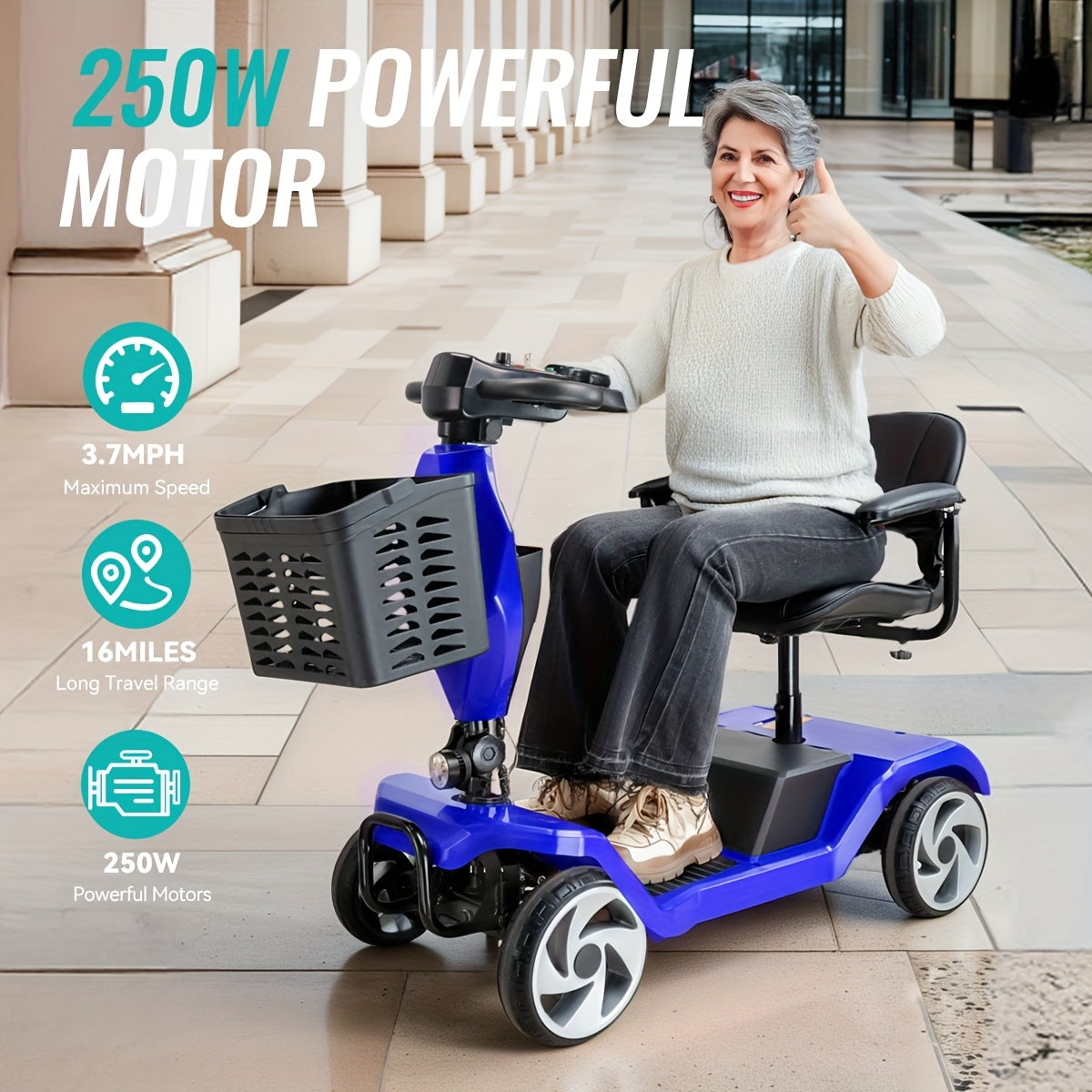 Foldable 4-Wheel Electric Scooter for Seniors with 16-Mile Range, 250W Motor & 15 km/h Speed - Heavy-Duty Metal Frame, LED Headlight & Removable Storage Basket, Lightweight Portable Design Fits in Car Trunk, All-Terrain Tires