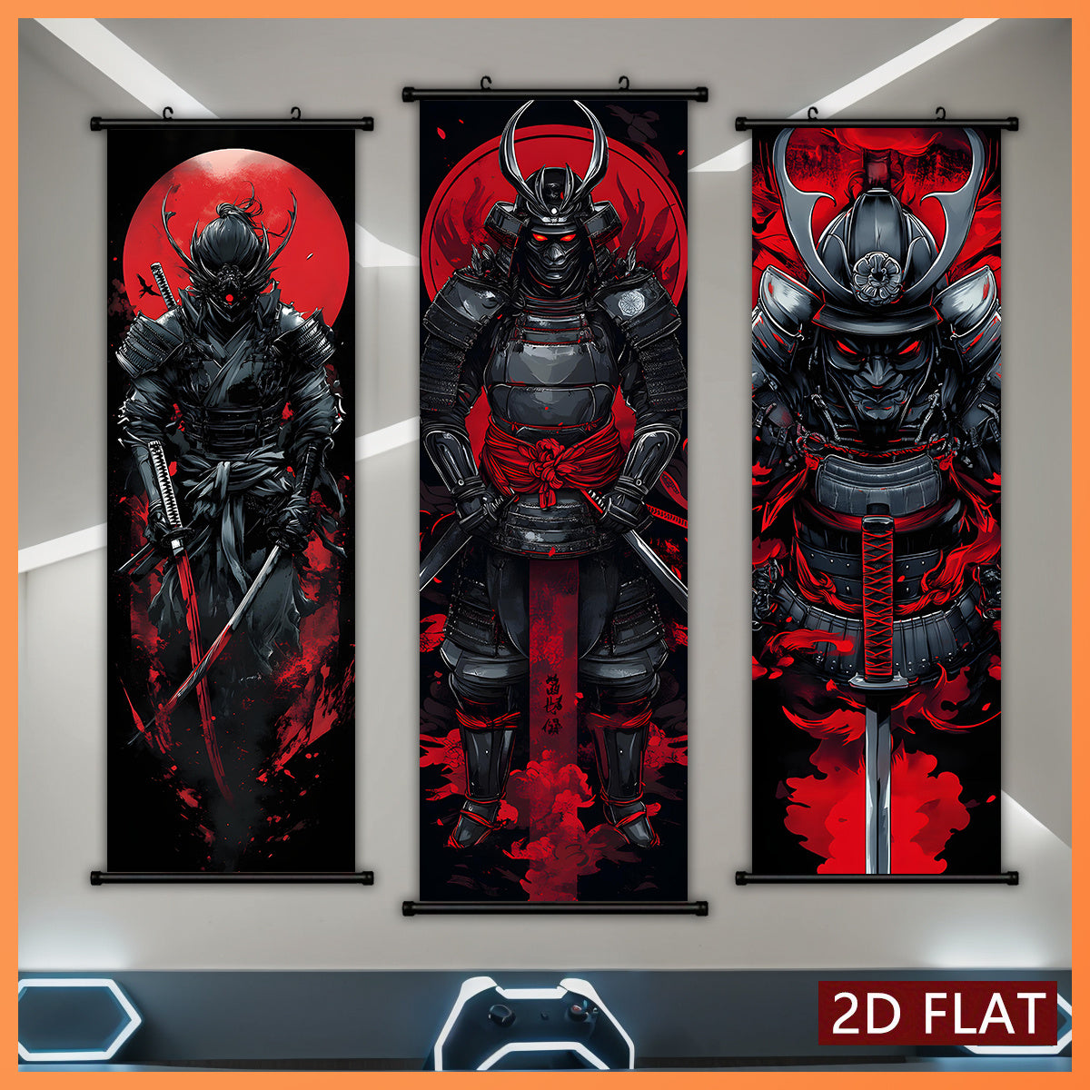 Black and Red 3pcs Set of Japanese Samurai Battle Scroll/Hanging Scrolls, Oriental Classical Style Decorative Art with Armor & Weapon Elements, Symmetrical Composition and Metal Ornament Details, Suitable for Living Room, Tea