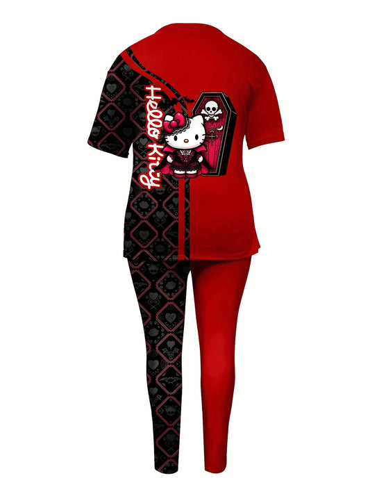 Women's Plus Size Red & Black Halloween Hello Kitty Print Short Sleeve Top and Pants Set, Gothic Design with Skull and Coffin Pattern, Perfect for Christmas Gifts for Friends and Family, Holiday Matching Outfits, Festive Wear