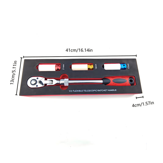 4pcs wheel hub protection hexagonal deep socket/ratchet wrench set, 1/2" drive, metric 17, 19, 21mm wheel guard six-point deep socket, 1/2" oscillating and telescopic ratchet wrench, automotive wheel hub nut tightening tool