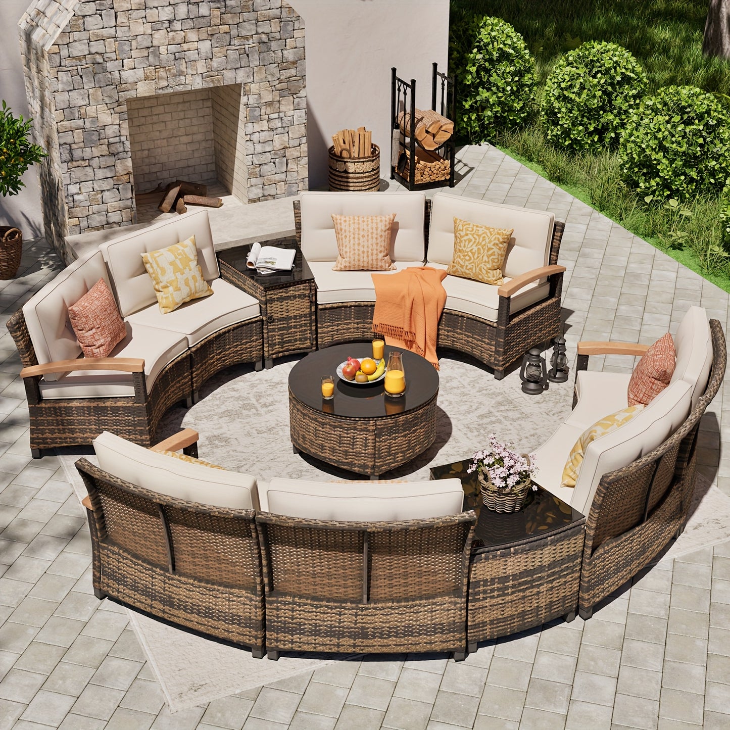 8-11pcs Outdoor Patio Furniture Set, Half-Moon Curved Sectional Sofa Rattan Patio Conversation Set with Wood Armrests for Porch, Backyard - Tempered Glass Round Coffee Table & Side Table, Patio Furniture And Decor, Patio Set,