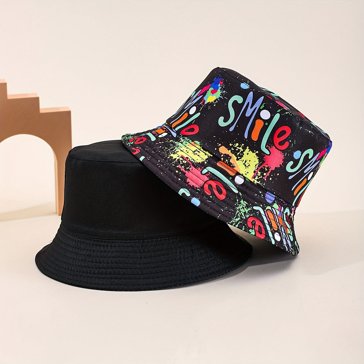 Bucket Hat - Unisex - Graffiti Print - Reversible Closure - Hand Washable - 100% Polyester Lightweight Fabric - Tie-Dye Pattern - Handmade Printing - All-Season Outdoor Fashion Accessory - For New Year Celebration