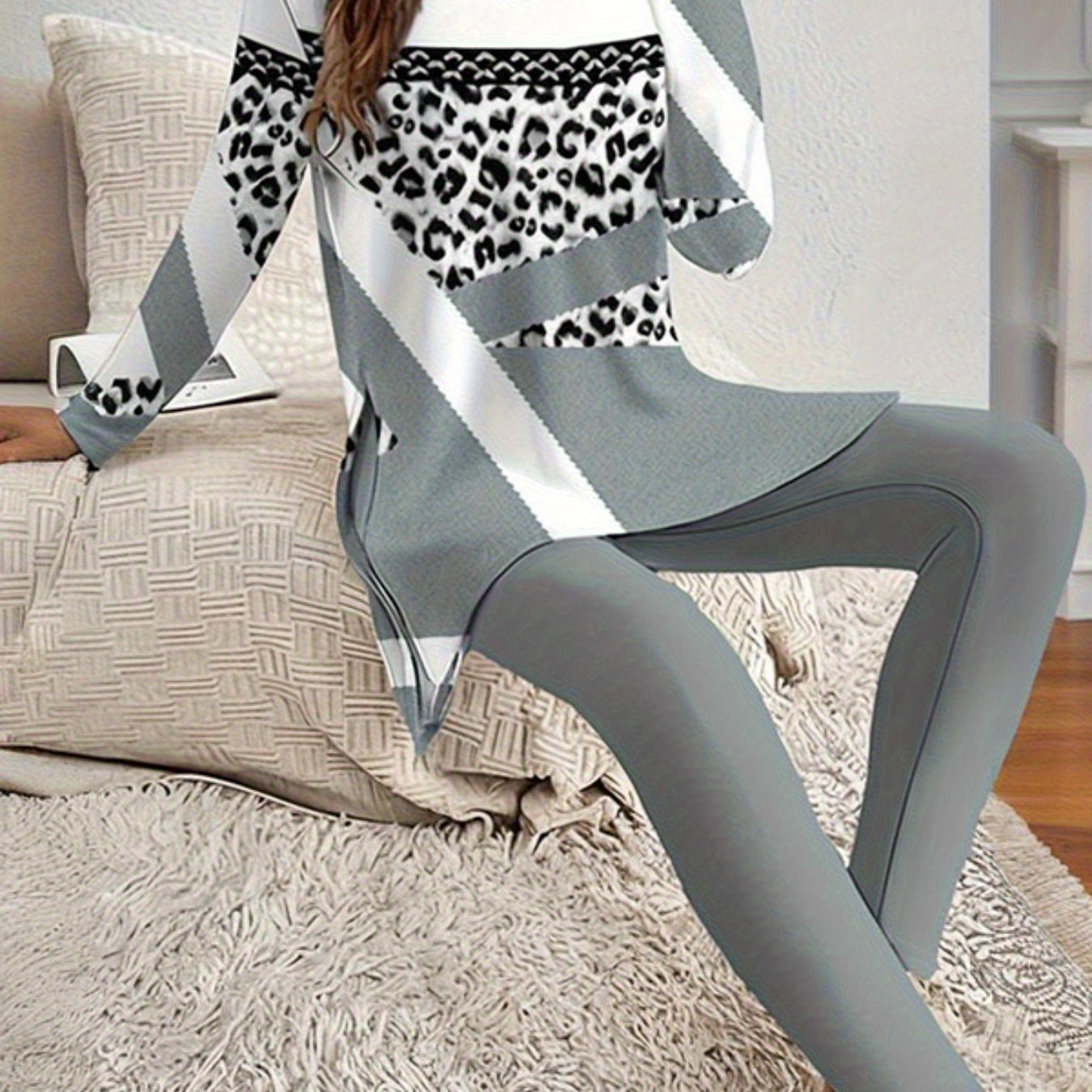 Women's Round Neck Printed Slit Long Sleeve Top& Long Pants Set- Casual Loungewear Outfit