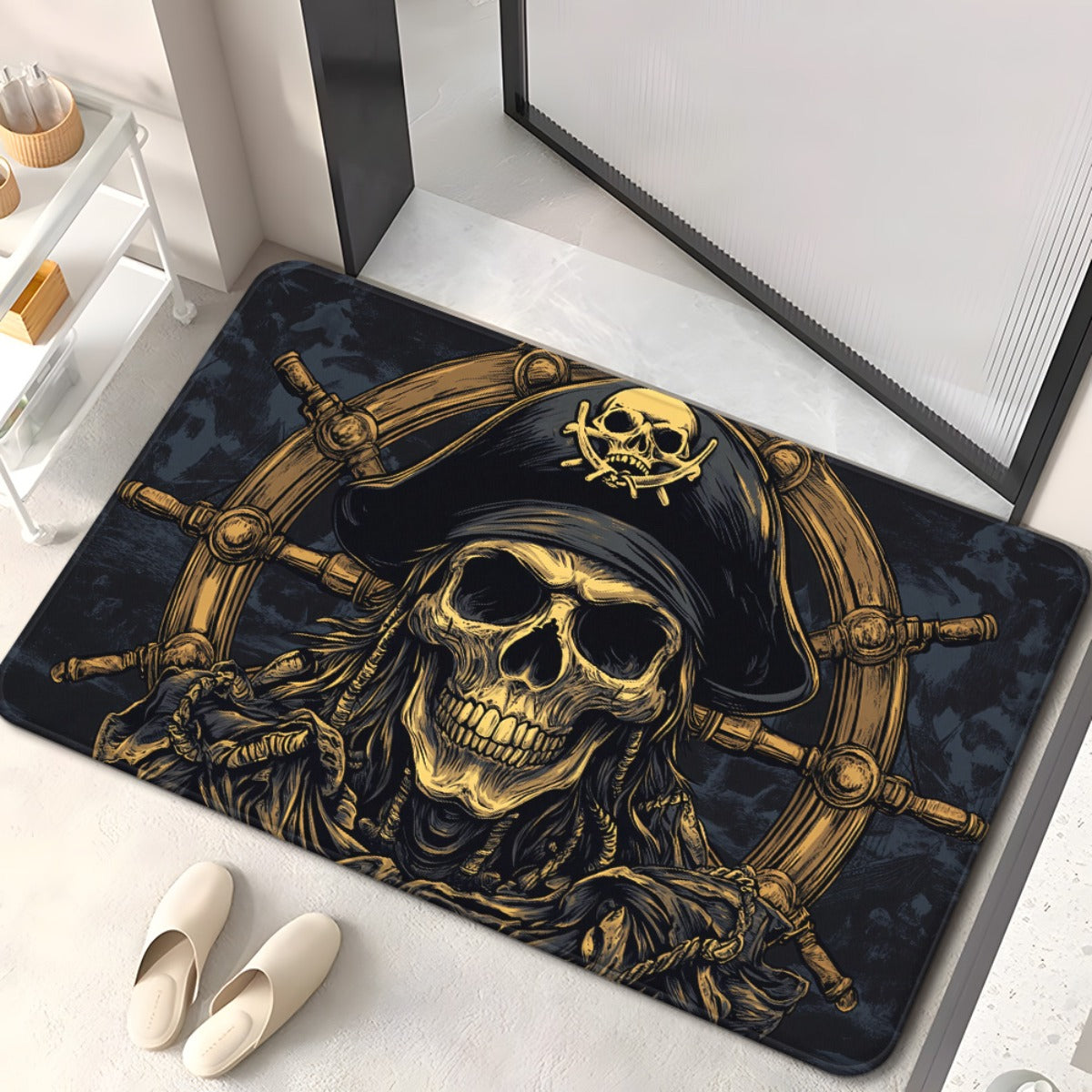 1pc Pirate Skull & Wheel Design Microfiber Absorbent Machine Washable Polyester Rug - Black & Golden Pirate Ship Wheel & Skull Motif, Durable Rectangular Floor Mat for Bathroom, Bedroom, Living Room Entrance, Home Decor, Bath