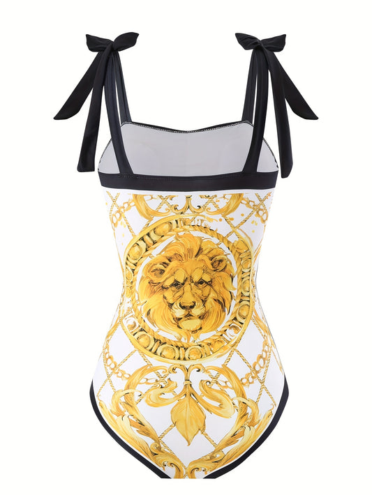 Women'S Golden Lion-Themed Swimsuit Set with Lace-Up Detail - Off-Shoulder Top & Flowy Skirt, Stretchy Fabric, All-Season Swimwear, Swimwear Set|Lion Print Design|Stretchy Material