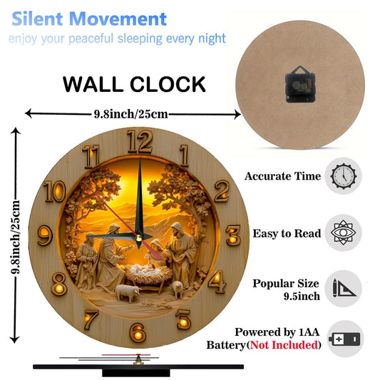 1pc 2D Vintage Jesus Nativity Scene Wooden Round Wall Clock, Farmhouse Style Home Decor, Ideal for Kitchen, Bedroom, Office - Silent, Battery Not Included, Perfect Mother'S Day Gift, 9.8x9.8 Inches