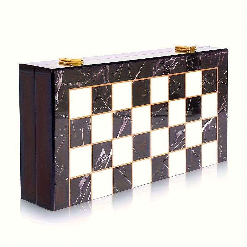 2-in-1 Metal Chess & Checkers Set with 15-Inch Portable Folding Wooden Board - Elegant Golden & Strategy Game with Storage Box, Durable Metal Pieces & Wooden Board for Adults, Travel-Friendly Chess and Checkers Game for Home,
