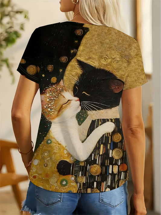 Plus Size, Women'S 3D Retro Floral Cat Art Print T-Shirt - Vibrant Yellow Round Neck Short Sleeve Top with Black & White Cat Kissing Design, Soft Texture Fabric, Machine Washable Casual Tee for Fall & Casual Attire, Vintage-I