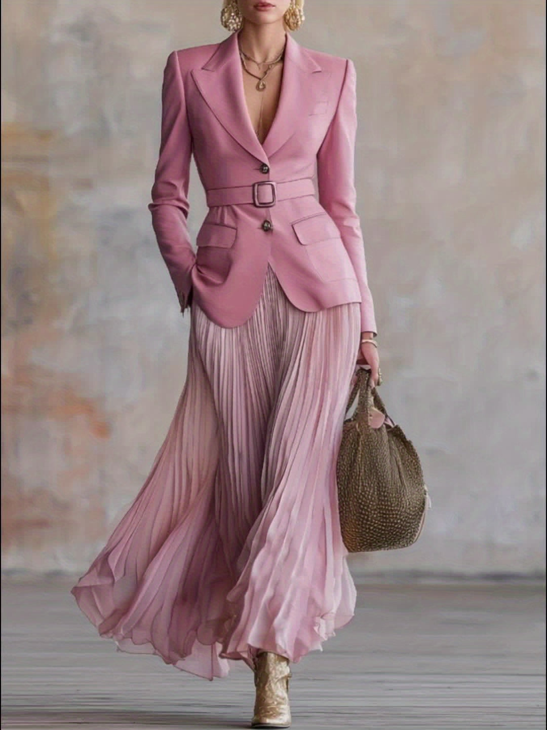 Women'S Elegant Pink Blazer with Waist Definition And Gradient Pleated Maxi Skirt Set | Ideal for Casual Events, Dates, And Subtle Vintage Styles