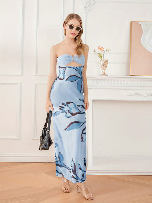 Women's Elegant Strapless/One-Shoulder Hollow Out Floral Print or Solid Pink Tube Bodycon Maxi Dress with Bow Tie Back - Mermaid Silhouette Long Formal Evening Party Wedding Dress, Hand Washable Summer Dress for Women, Stylis