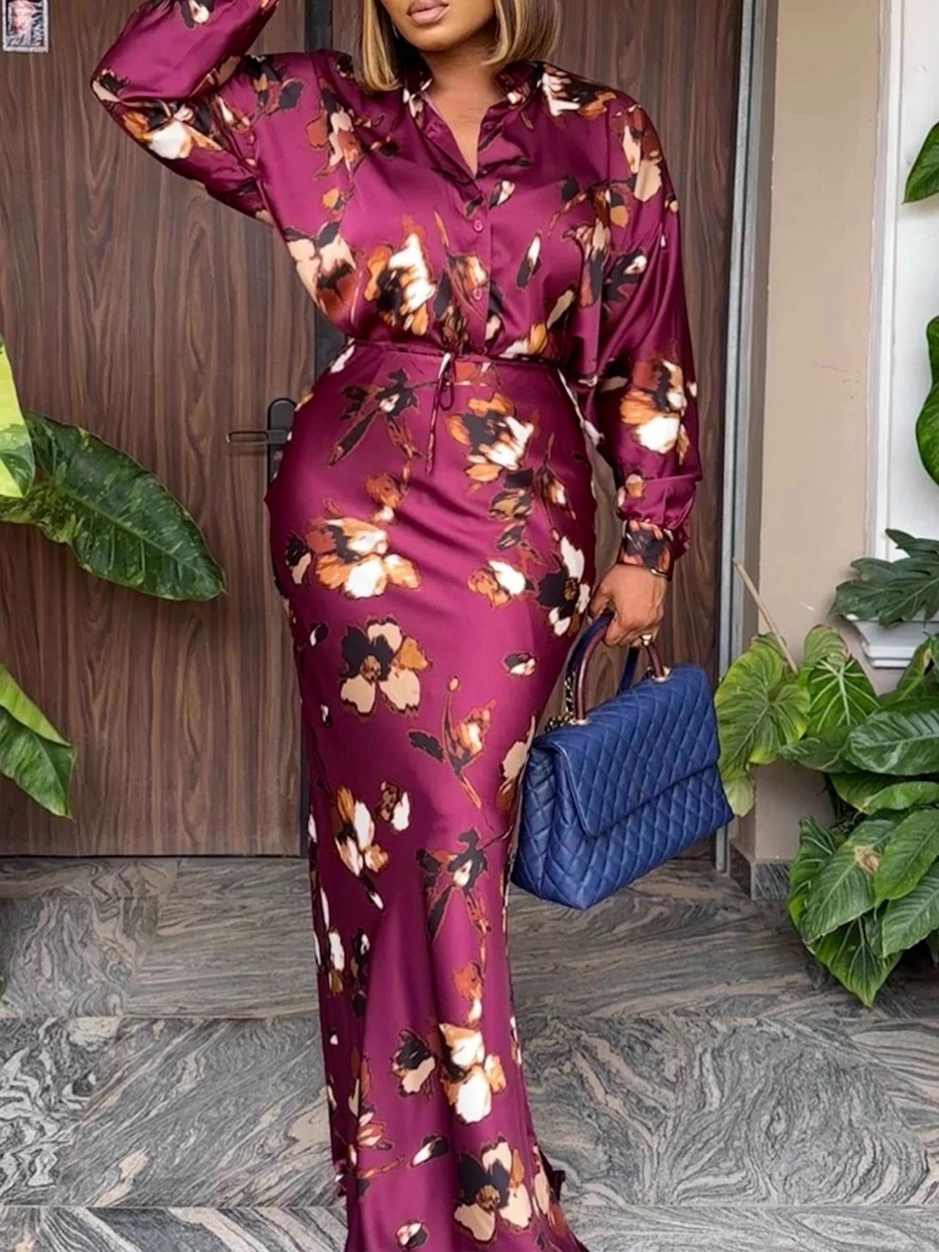 Wine Red Floral Satin Two - Piece Maxi Dress for Women | Shirt Collar Long - Sleeve Top + High - Waist Tie - Waist Pencil Skirt Design, Perfect for Elegant Social and Banquet Occasions, Formal Occasion Wear, Evening Gown, Hig