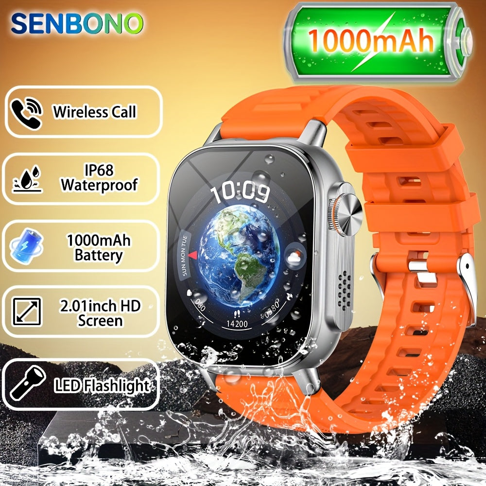 SENBONO Men'S Smart Watch with LED Flashlight, 1000mAh Battery, 2.01" IPS Display, 240*296 Resolution, Waterproof, Wireless Call, Multi-Sport Fitness Watch, Ultra-Thin Design