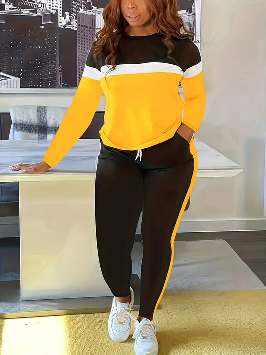 Color Block Striped Print Two-Piece Set, Round Neck Long Sleeve Top And Drawstring Pants, Women's Fashion
