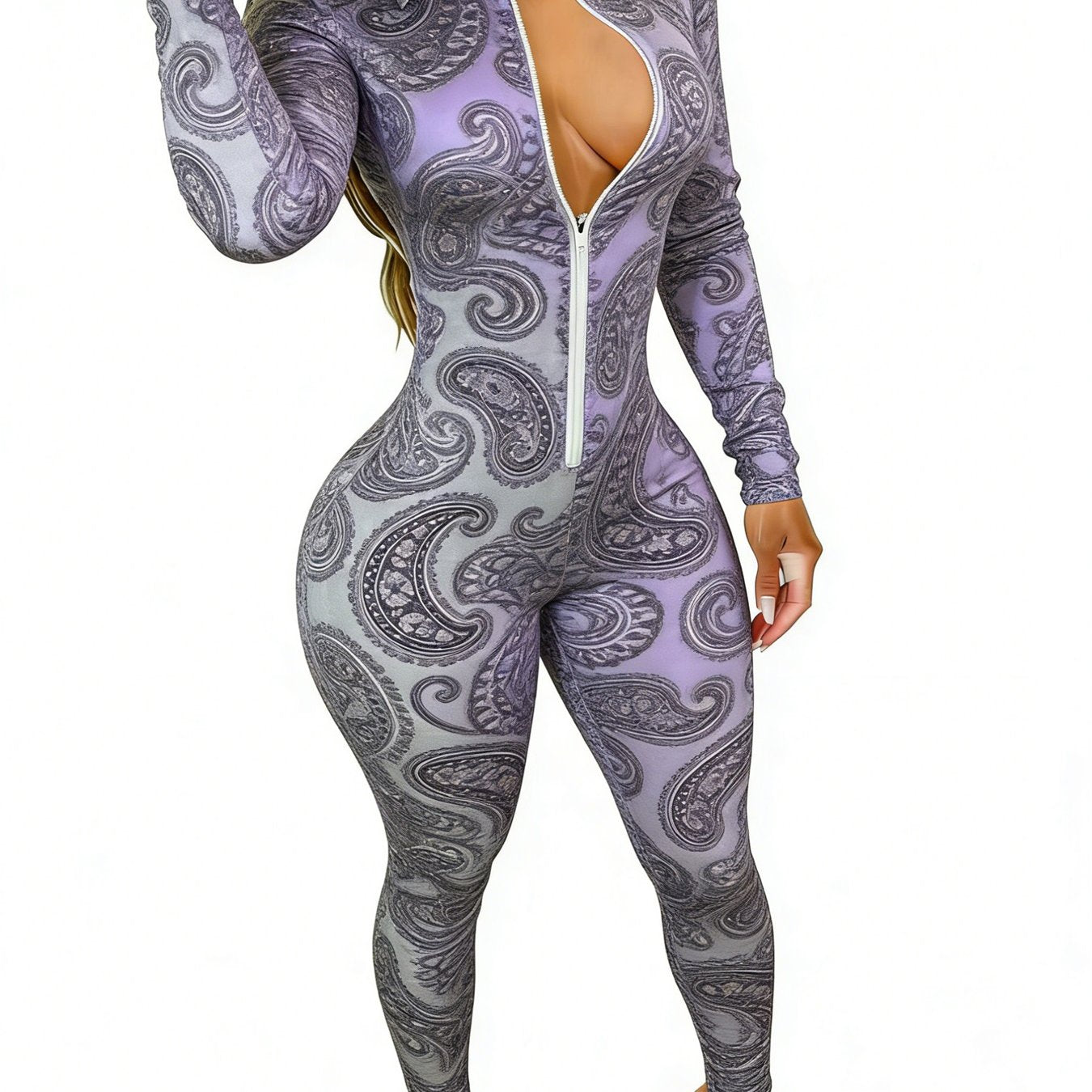 Women's Long Sleeve Slim-Fit Jumpsuit with Trendy Paisley Print - Purple Style Perfect for Daily Outings & Casual Occasions, Available in Sizes 2XS-2XL