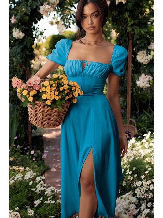 Elegant Puff Sleeve Tie-Waist Dress | High Waist Design, Off the Shoulder, Solid Color, Flared Hem, Midi Length for Spring/Summer Fashion