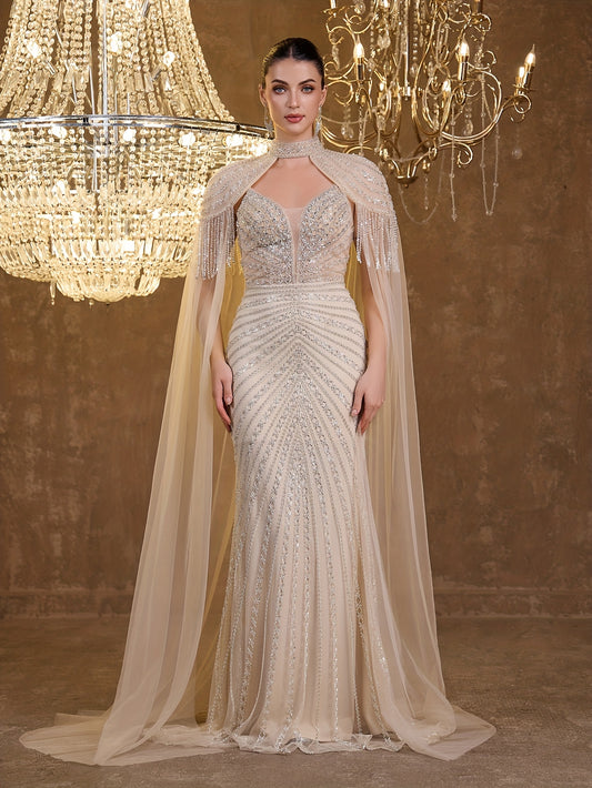 Sequined Lace Fringe Off-shoulder Bustier Elegant Sexy Mermaid Evening Gown