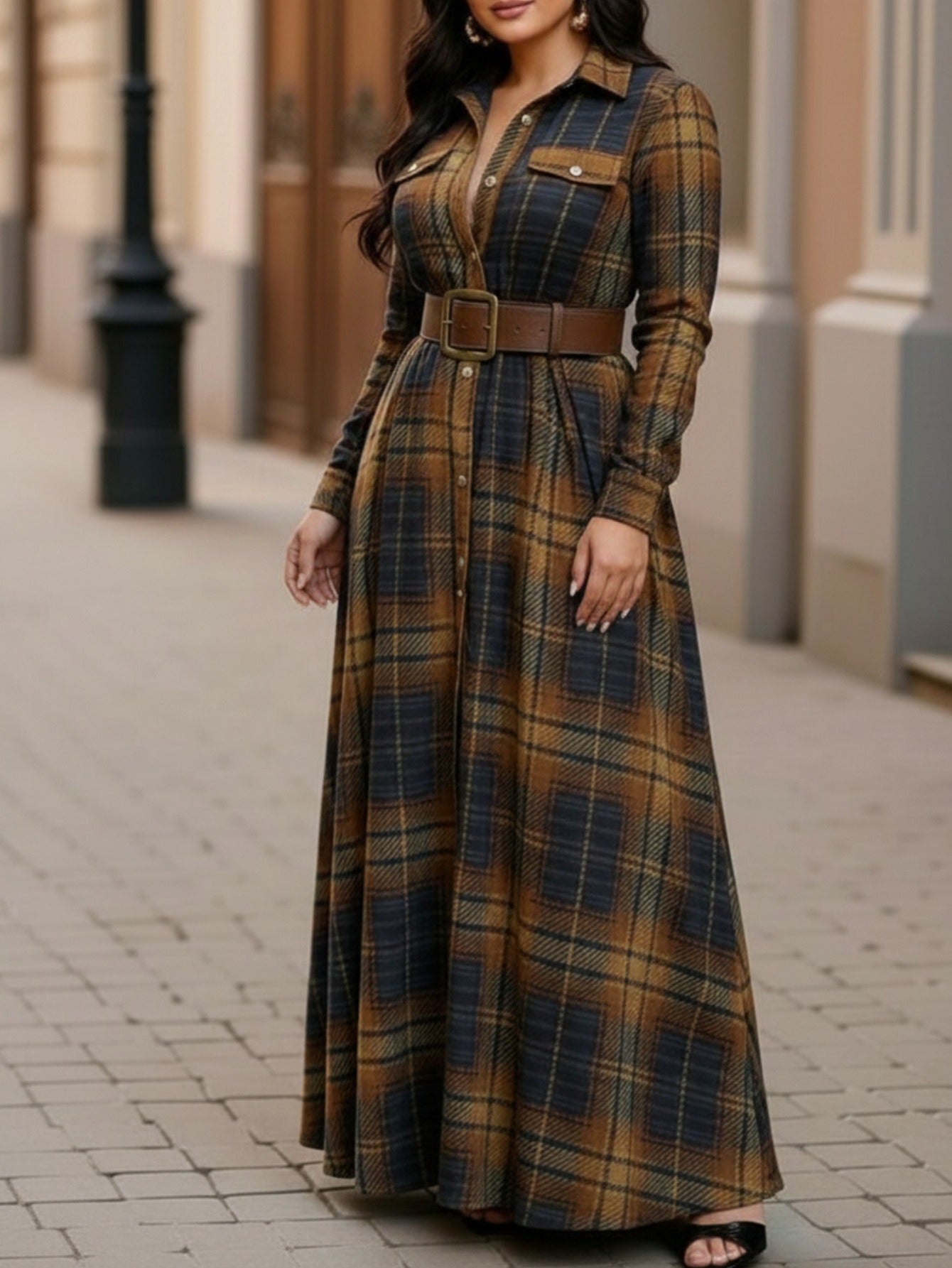 Plus Size - Plus-Size Women'S Plaid Shirt Maxi Dress | Loose Shirt Fit, Flowy Skirt for Flattering Coverage, Elegant and Comfortable for Casual Daily Wear