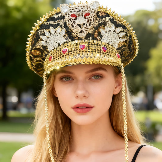 Steampunk Rhinestone Captain Hat for Women | Adjustable Shiny Glam Military Cap with Leopard Print, Perfect for Burning Man, Halloween, Music Festivals, Rave, Cosplay Costume, Carnival, Disco, Bachelorette Party | Sparkling P
