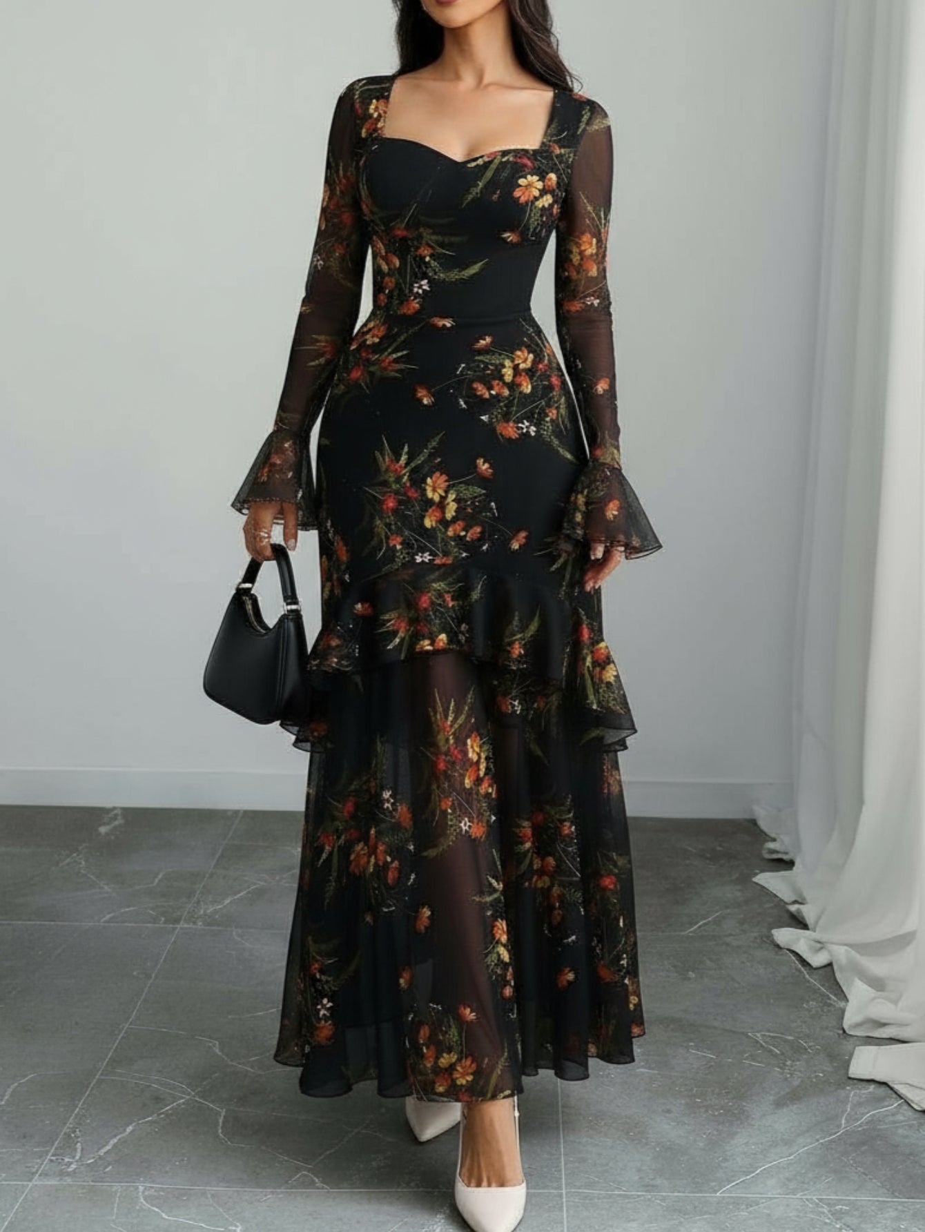 Women's Vintage Elegant Black Maxi Dress with Bell Sleeves & Ruffled hems - Square Neck Mesh Gown Suitable for Weddings, Proms, New Year's Eve Parties - Machine Washable Fall/Winter Evening Dress