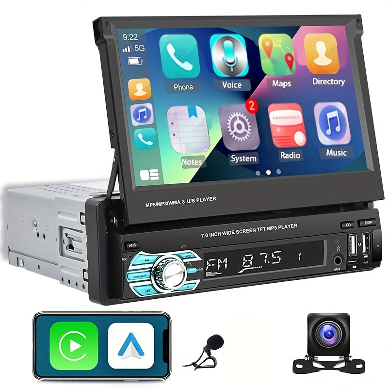 Podofo Wireless Carplayer - Single Din Car Stereo - 7 Inch HD Flip Out Touchscreen Car Radio - with Wireless Car Player Android Auto, Wireless, Type-C/USB/TF/AUX, SWC, FM, Voice Control, Backup Camera