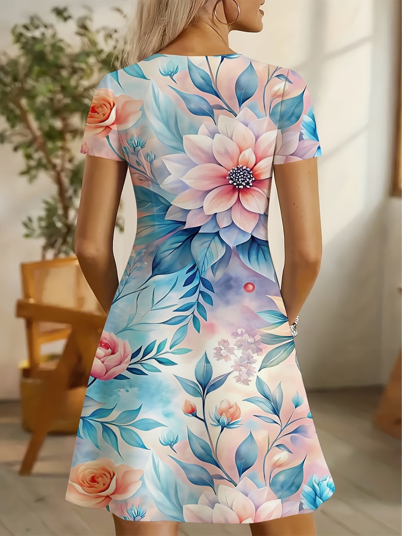 Women' Light Blue & Pink Rose Short Sleeve Midi Dress - Slim-Fit Fitted Short Bodice & Maxi Dress Suitable for Wedding Guest, Beach Vacation, Travel, Party Outfits - Machine Washable Elegant Casual Dress