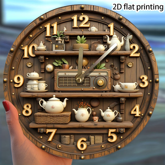 One 8-Inch 2D Flat Kitchen Theme Wall Clock with Vintage Radio and Teapot Design, Acrylic Silent Hanging Clock - No AA Batteries Included | Perfect for kitchens, living rooms & home decorations. Ideal Father's Day Gift