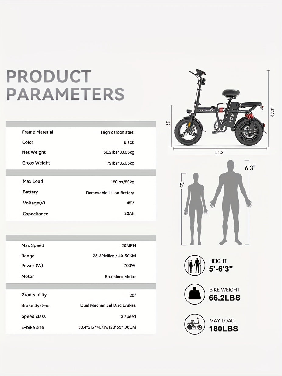 Foldable Electric Bike for Adults, 700W Peak Motor 48V 20Ah Removable Battery Ebike, 35 Miles 32km/h High - Speed, City Commuter, LCD Display, Dual Disc Brakes, for Men & Women (330 Lbs Capacity)