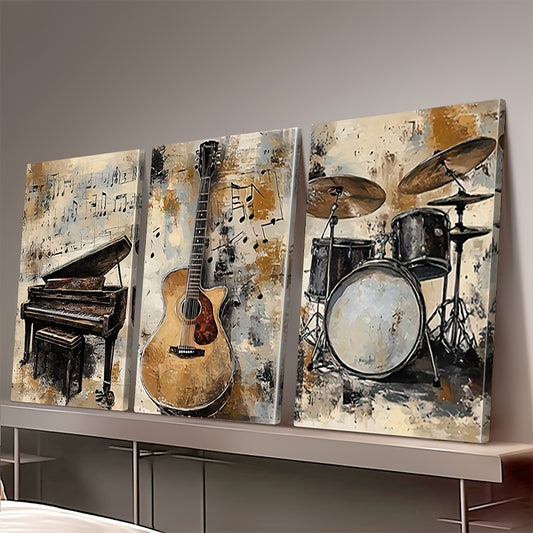 3pcs Vintage Musical Instruments Canvas Art Print Set (Piano/Guitar/Drums Theme), Framed Wall Decor for Living Room, Bedroom, Home Office, Classroom - Inspirational Music-Themed Indoor Art Gift, Music Room Decor