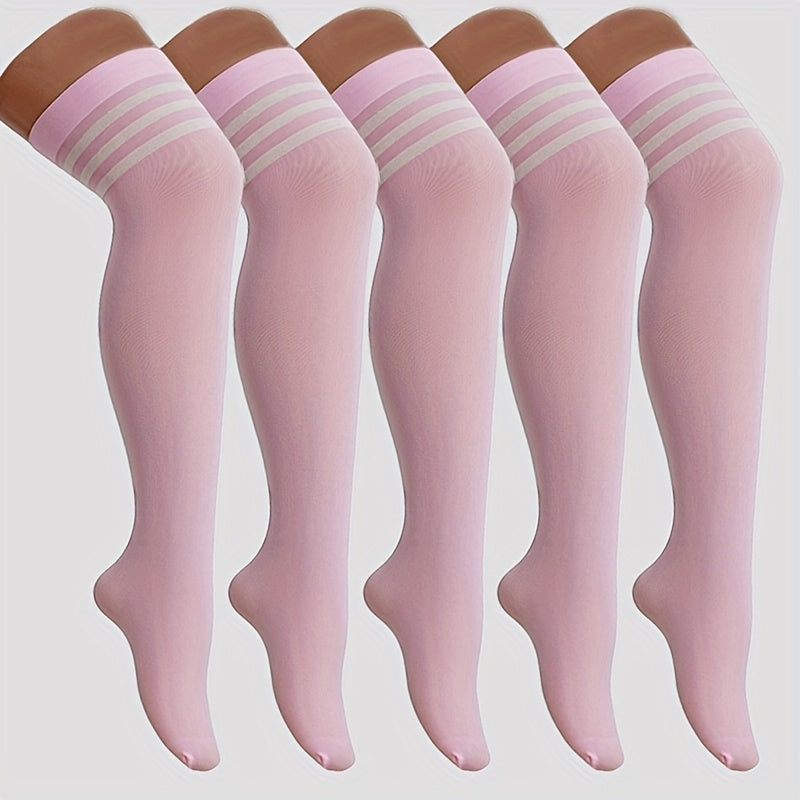 Five Pairs of Thin Velvet Over-the-knee Socks in Rose Red, Pink, Bright Yellow, Solid Colors, and Stripes. Smooth Nylon, Comfortable and Cute. Suitable for Students, Dance, Skating, and Other Activities, for Teenager