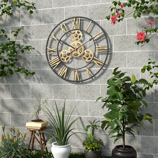 Vintage European Metal Gear Wall Clock - Silent Roman Numeral Dial, Battery Operated (AA Not Included) for Living Room or Office Decor, Living Room Accessory | Roman Numeral Clock | Metallic Finish