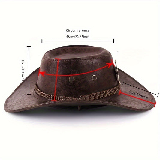 Vintage Style Cowboy Hat with Rivet Details - Brown Leather Cowboy Hat for Outdoor Sun Protection, Western Style, Polyester Material, Featherless, Sun Protection Hat|Vintage Cowboy Hat|Rivet Embellishments