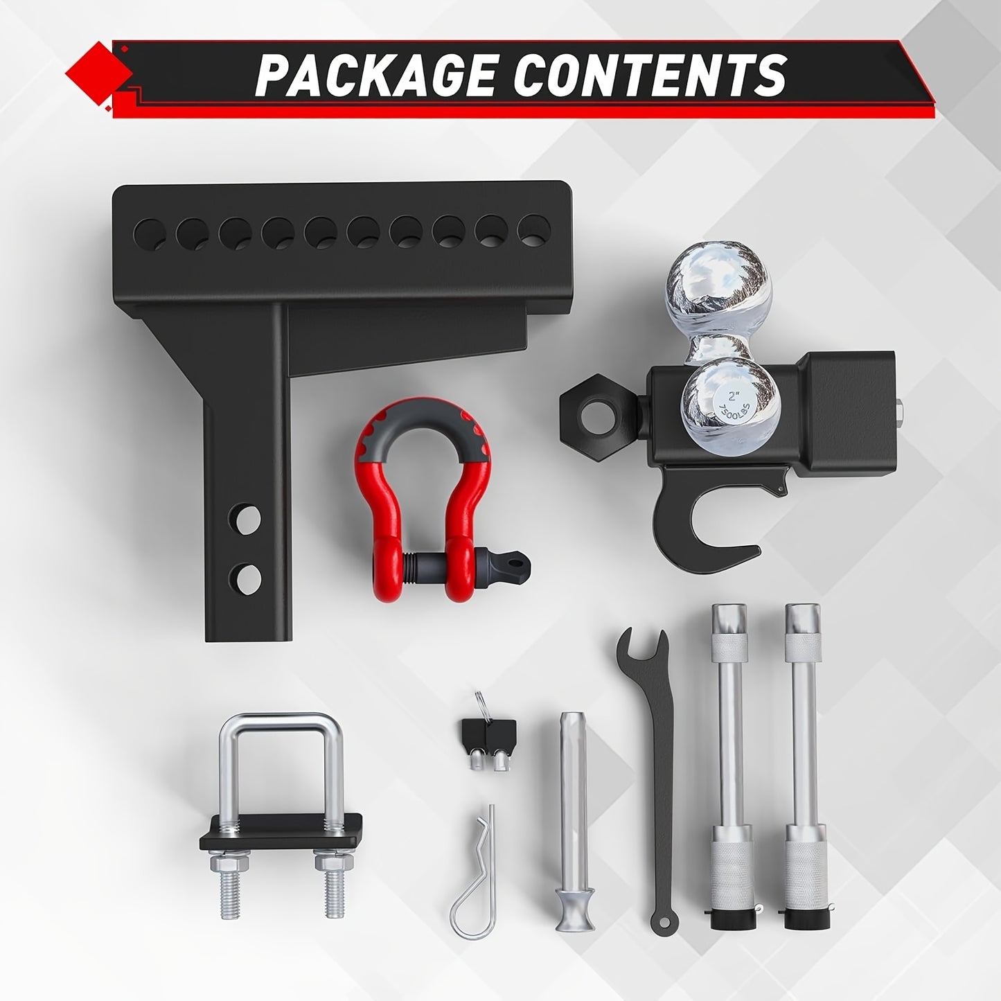 Adjustable Heavy-Duty Trailer Hitch Tri-Ball Mount With Tow Hook & Swivel Shackle, Fits 2" Receiver, 4-1/2" Rise/Drop, Includes 1-7/8", 2", & 2-5/16" Balls, Secure Hitch With Locks & Pin