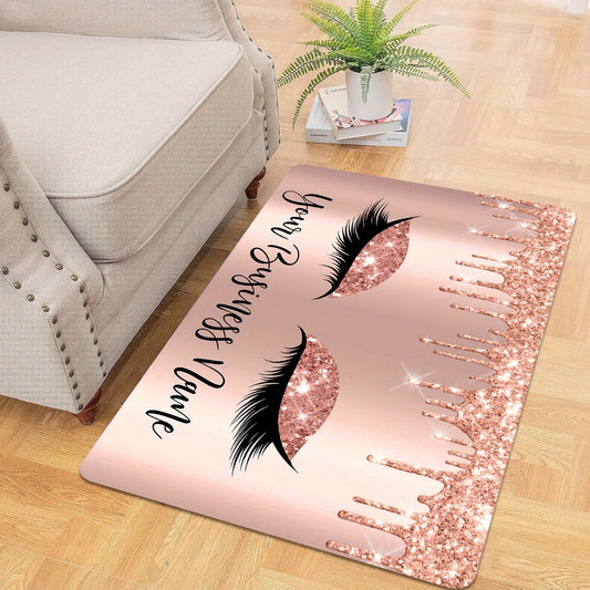 1pc Rose Golden Glitter Eyelash Design Door Mat - 10mm Thick Soft Polyester Non-Slip Rectangular Mat with Pink & Golden Glitter Eyes & Lashes, Luxury Bathroom Bedroom Entryway Decor
