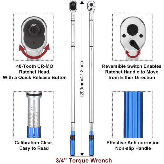 BULLTOOLS 3/4Inch Drive Click Torque Wrench 48tooth High Accuracy Torque Wrench Set with a Hex Key 100600ft.lb/ 135815Nm