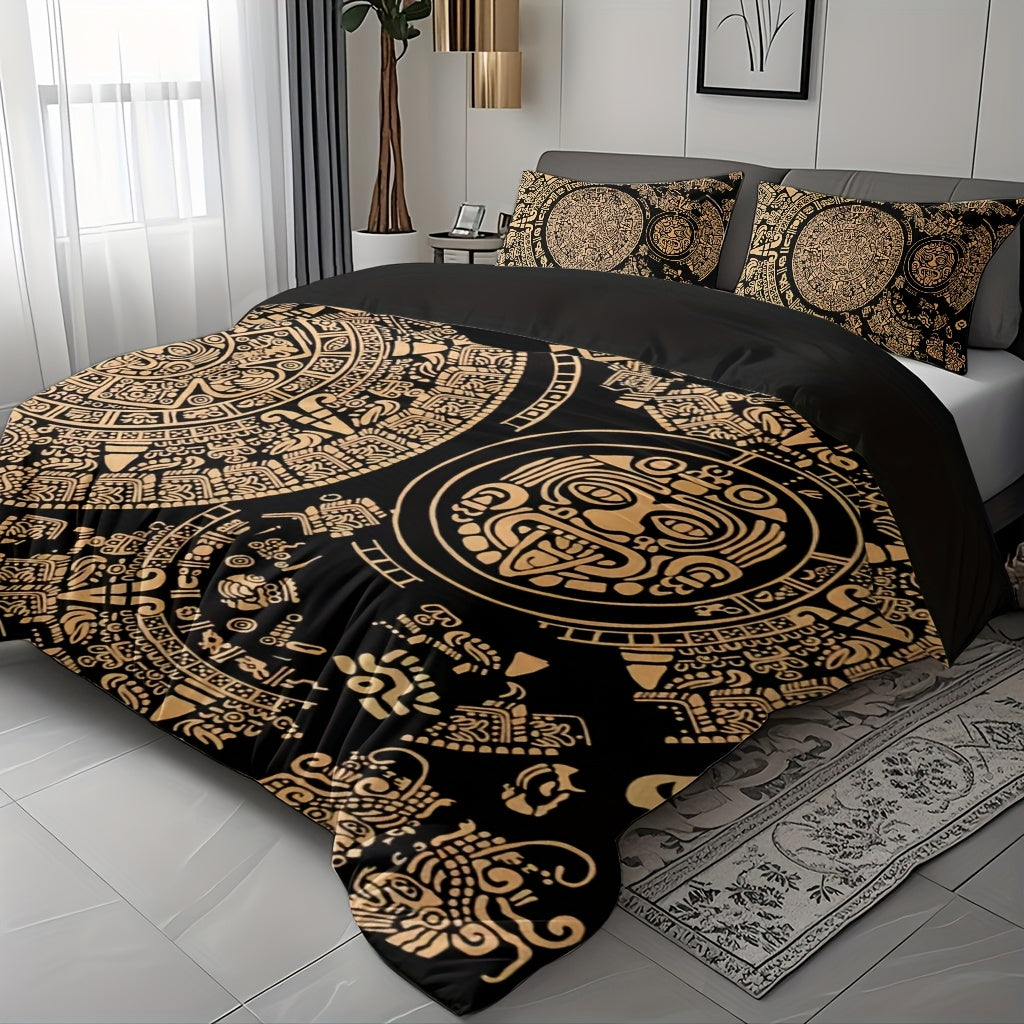3pcs Comfortable Retro Mayan Civilization Theme Duvet Cover Set, Soft High-Definition Digital Print, Black And Golden Design, All-Season, Family And Friends Gift, Machine Washable (1 Duvet Cover + 2 Pillowcases, No Filling)