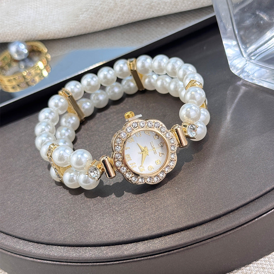 Double-row Imitation Elastic Watch for Women, Light Luxury Flower Zirconia Watch, Bracelet Watch for Women, Hand Watch for Women, Formal Wristwatch, Women'S Watch, Floral Design, Elegant Bracelet, Alloy Case, Quartz Movement,