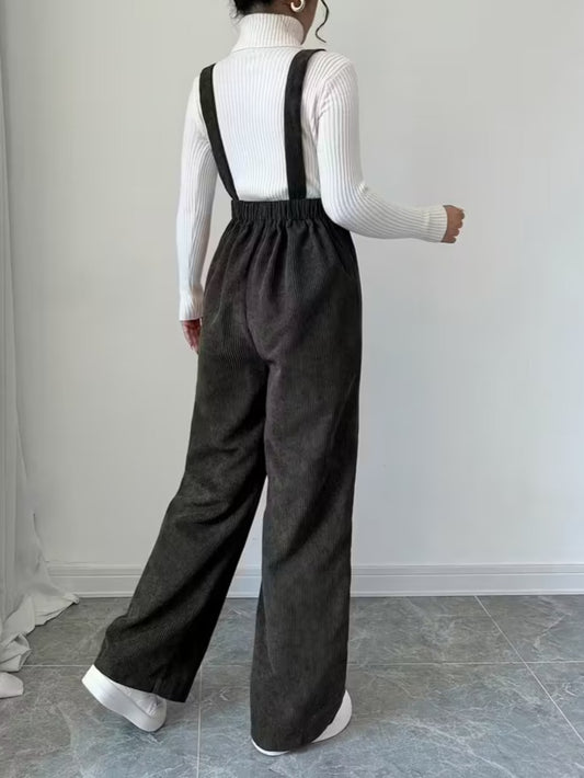 Women's Dark Gray Corduroy Jumpsuit - Wide-Leg Double-Shoulder Strap Romper with Collar & Double Button Closure, All-Season Casual to Semi-Formal Outfit (Hand Washable) for, Weddings, Parties - Corduroy Suit