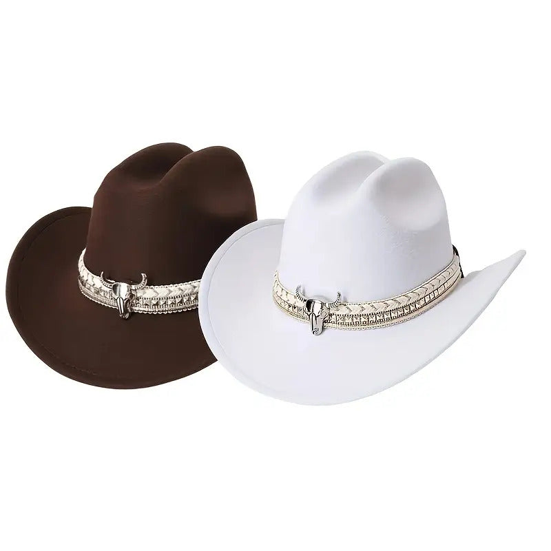 2pcs Western Cowboy Hat Mix & Match - Hand-Braided Large Bull Head Buckle Accessory, Wide-Brim Flat-Top Hats Suitable for Men & Women, Cowboy/Cowgirl, Themed Parties, Rodeo, Western Events - Handwashable, Handwash Care