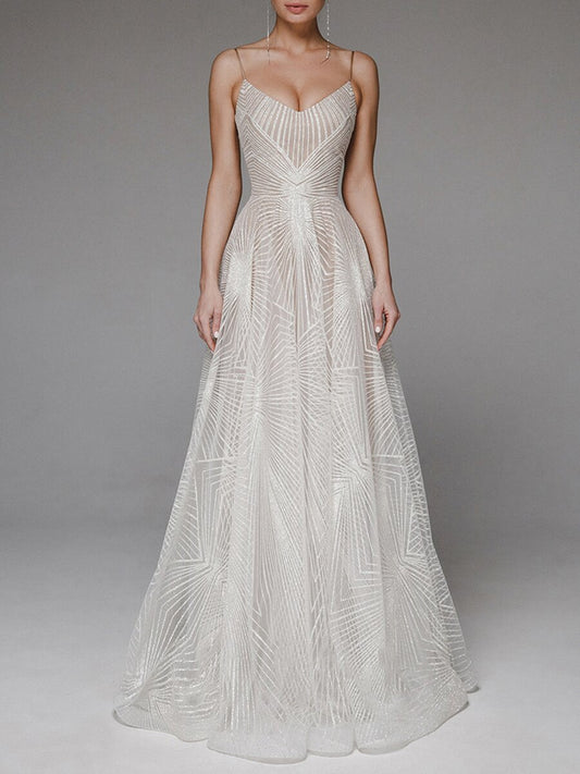 Geometric Beaded Spaghetti Strap V-Neck Flared Wedding Dress, Lightweight Tulle Fitted Gown, Simple and Elegant Style