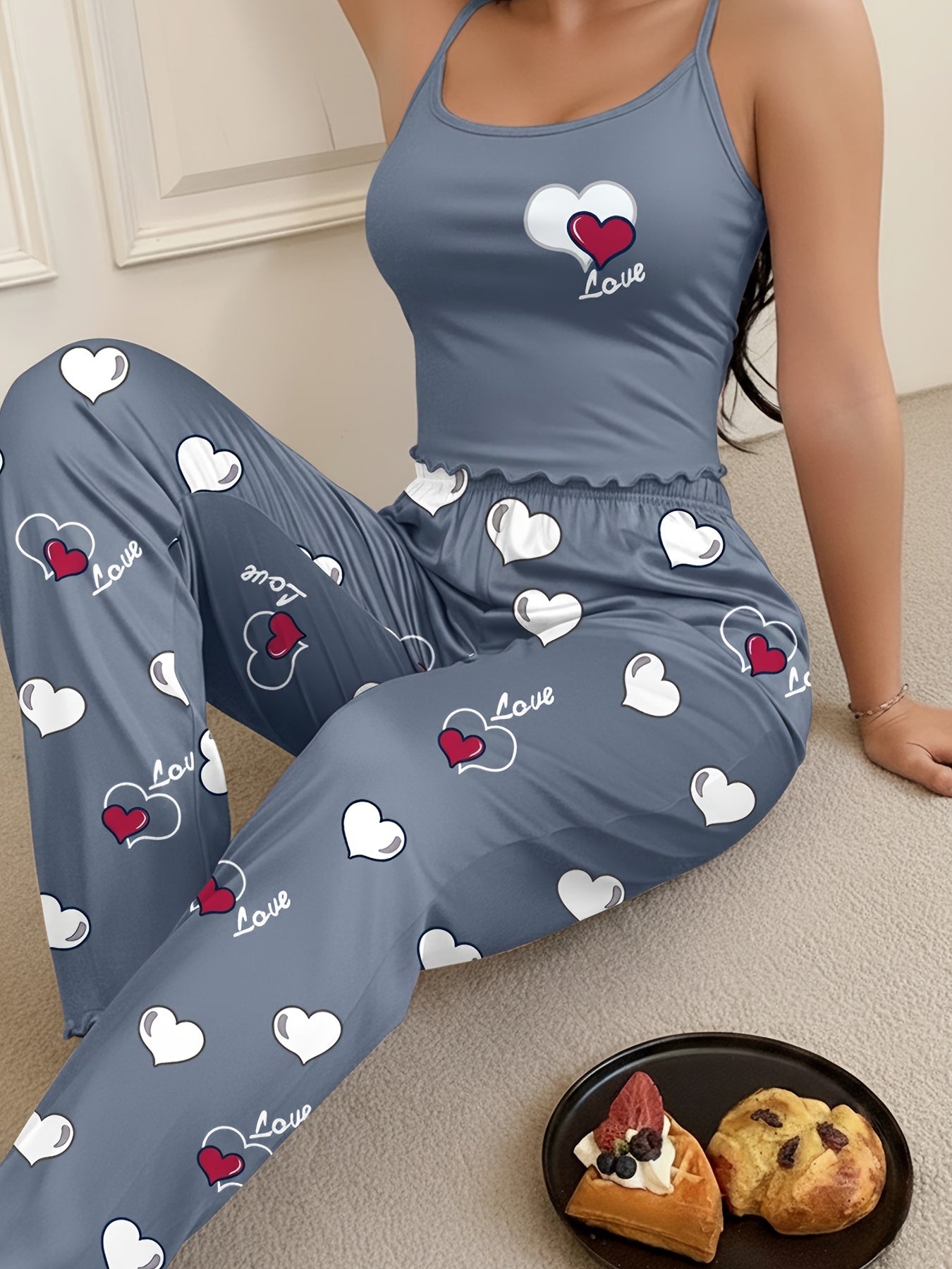 Casual Women'S Blue Pajama Set with Two Hearts Alphabet Spaghetti Strap Top and Long Pants | Comfortable All-Season Sleepwear for Adults