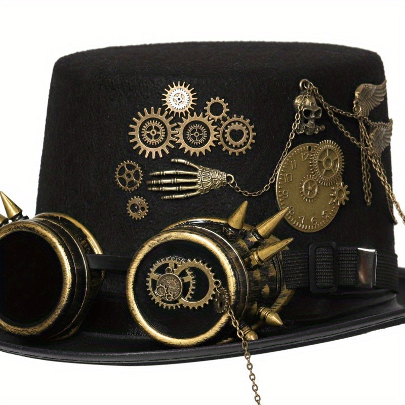 Steampunk Top Hat with Metal Chain and Goggles - Victorian Headdress Costume Accessory for Women - Perfect for Halloween and Cosplay