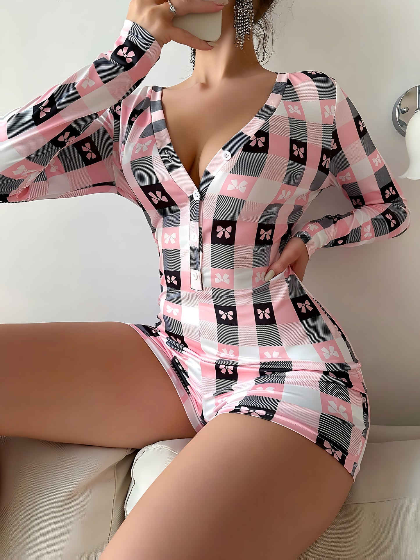 Women'S Shorts Jumpsuit with a Bow Print, Alluring Design Featuring a Deep V-Neck And Long Sleeves, Perfect for Casual Home Wear Or Street Outings, Ideal for a Feminine Date, Trendy Street Outfit.