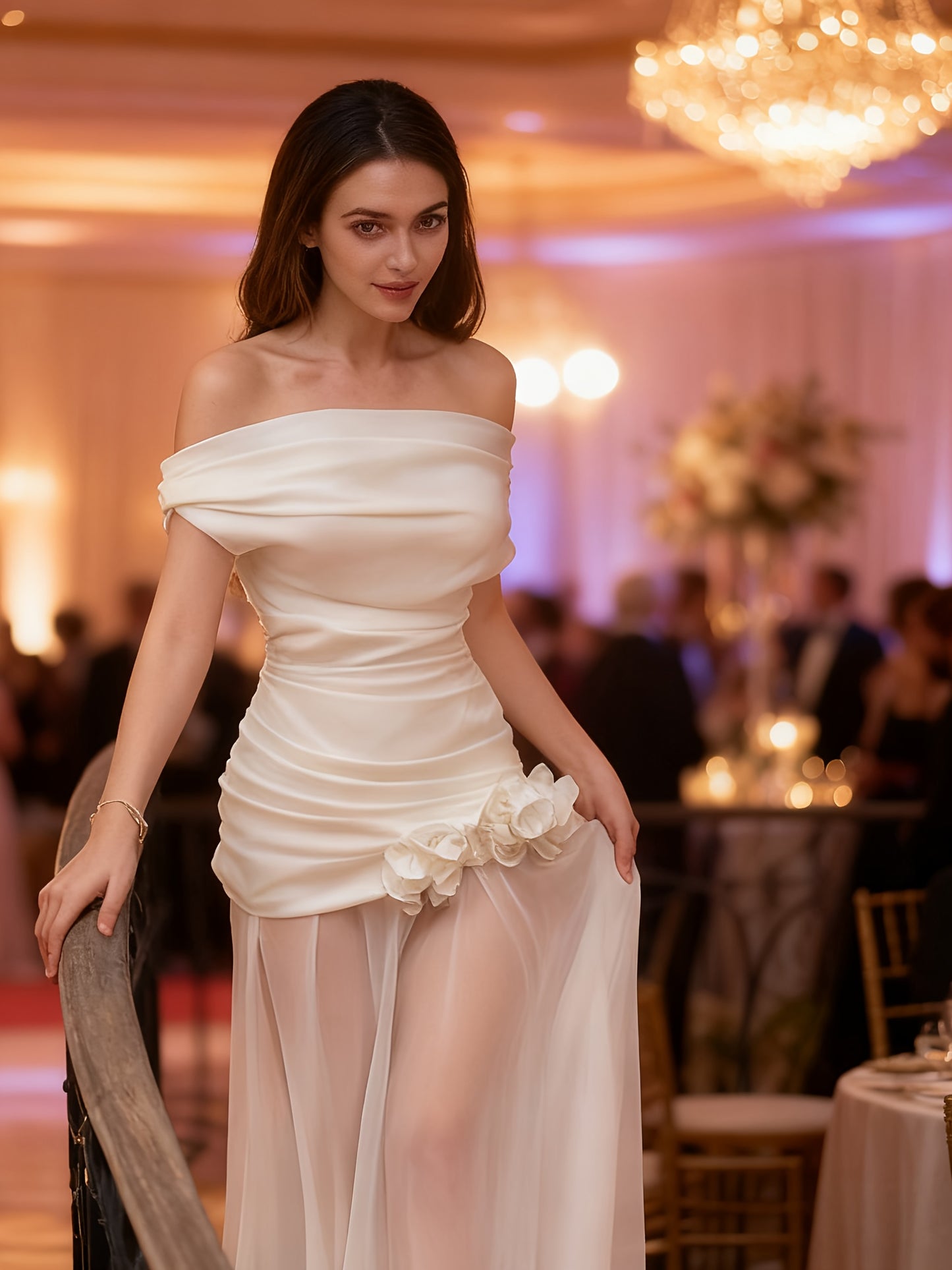 Women'S Elegant Off-the-Shoulder Mermaid/Trumpet Mermaid Long Formal Dress - Sexy Sleeveless A-Line Tulle Evening Gown with Keyhole Neckline, Solid White Floor-Length Wedding & Banquet Dress for Prom, Gala, Special Occasions