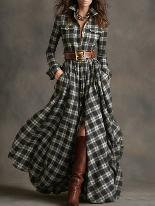 Plus Size, Women's Plus Size French Vintage Dress - High Neck Short/medium Dress with Belt, & Slit, Machine Washable Elegant Smock Dress for Spring Summer Fall (Plaid & solid colors) 2025 New Style