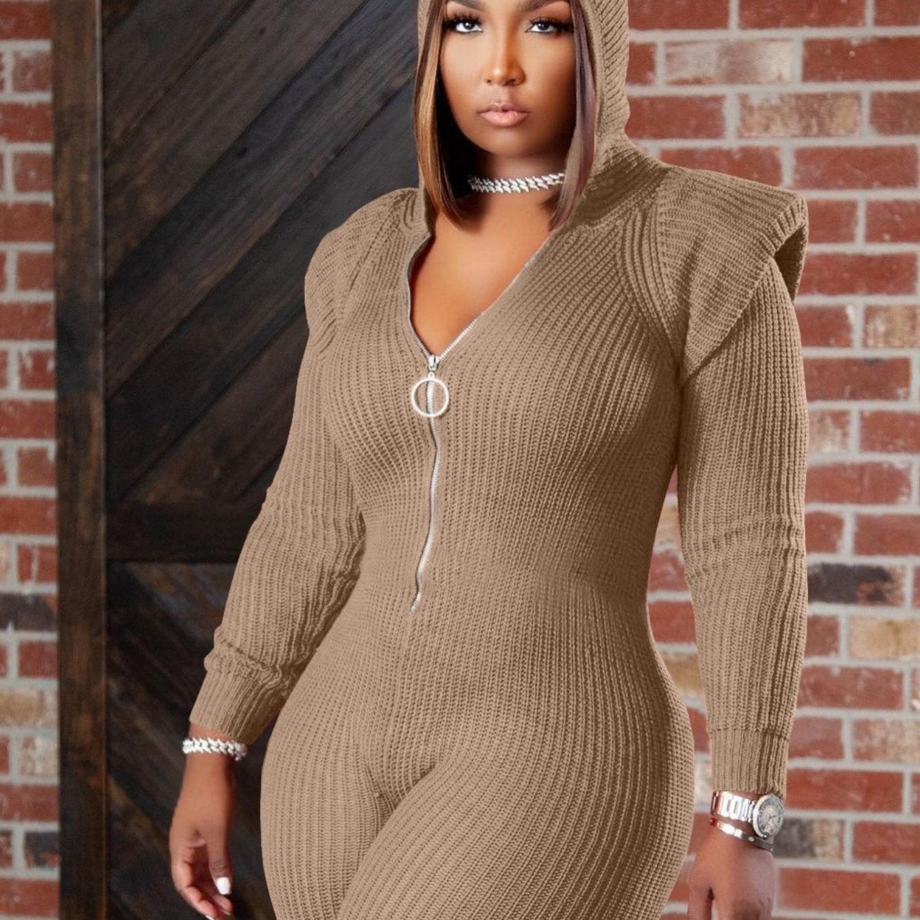 Plus Size - HERTALK Women'S Fashion Jumpsuit with Shoulder Pads for Autumn And Winter