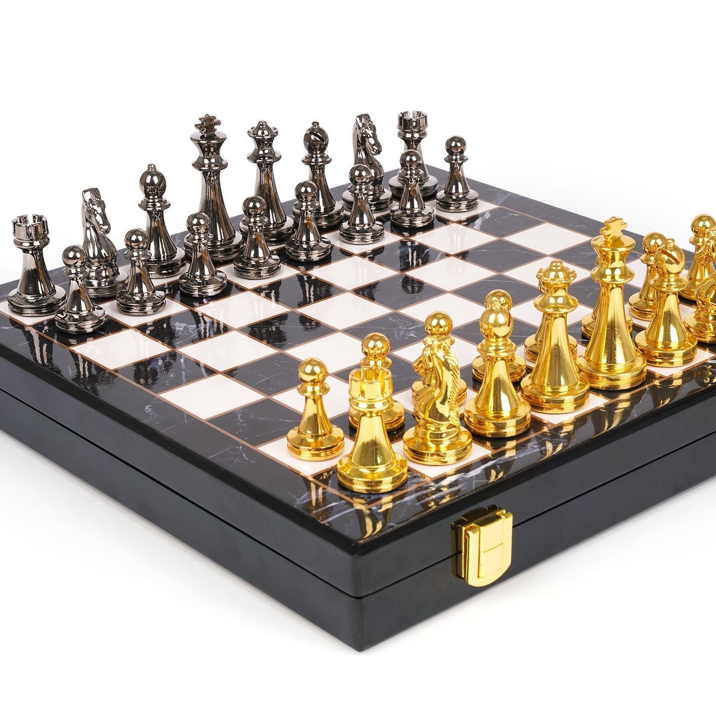 Luxury Marbling Chess Set with Marble Board & Zinc Alloy Metal Pieces - Elegant Marbled Design with Golden & Pattern, Extra Queens Included - Durable Travel-Friendly Chessboard for Adults, Beginners & Professionals - Ideal Gi